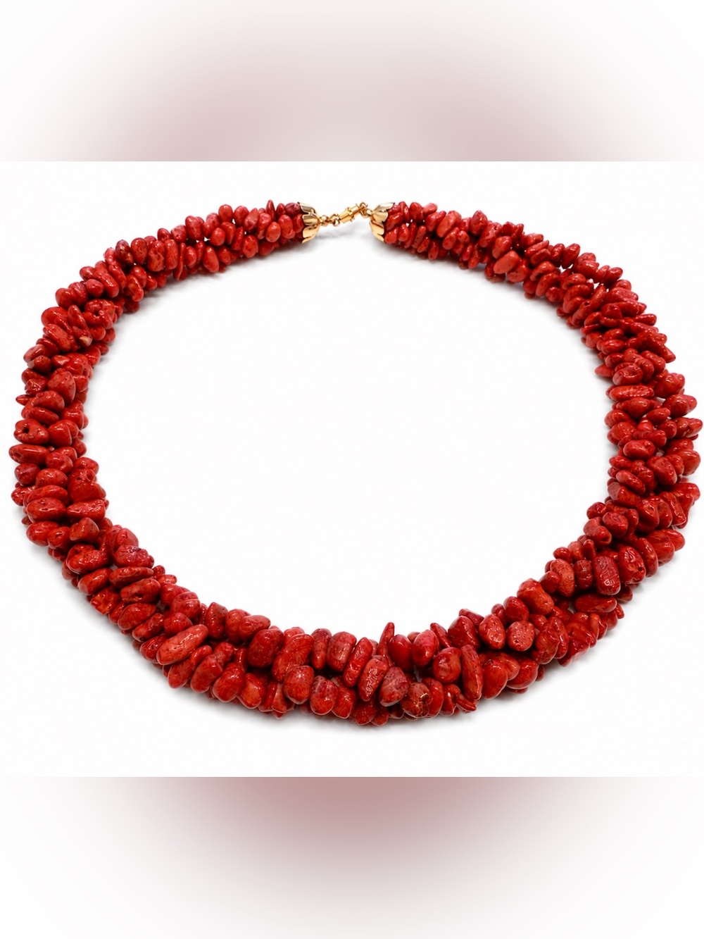 Vibrant Red Coral Chip Necklace - Twisted Strand Design
